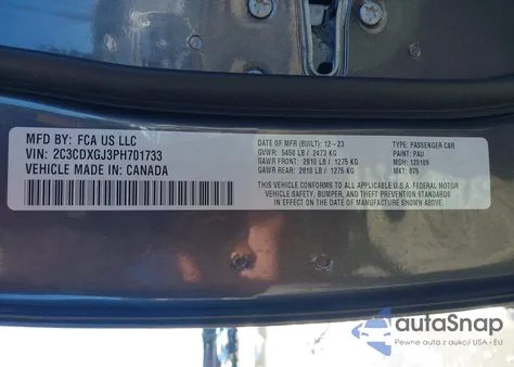 2023 Dodge Charger Scat Pack Widebody z USA, uszkodzony, nr VIN 2C3CDXGJ3PH701733